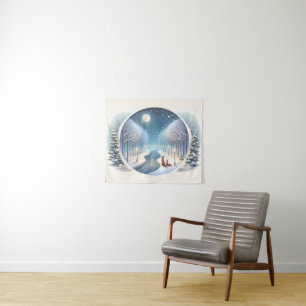 Winter Foxes by Moonlit Snowy River Tapestry
