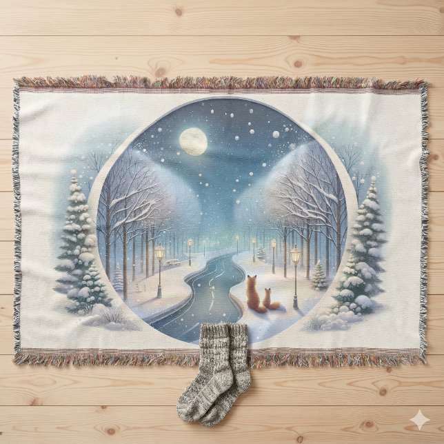 Winter Foxes by Moonlit Snowy River Throw Blanket (Winter Foxes by Moonlit Snowy River Throw Blanket )