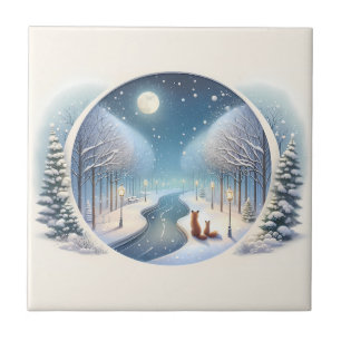 Winter Foxes by Moonlit Snowy River Tile
