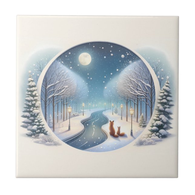 Winter Foxes by Moonlit Snowy River Tile (Front)