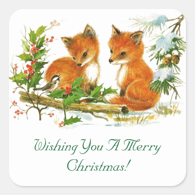 Winter Foxes Christmas Square Sticker (Front)