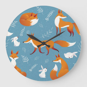 Winter foxes, rabbits, vintage pattern. large clock