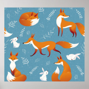 Winter foxes, rabbits, vintage pattern. poster