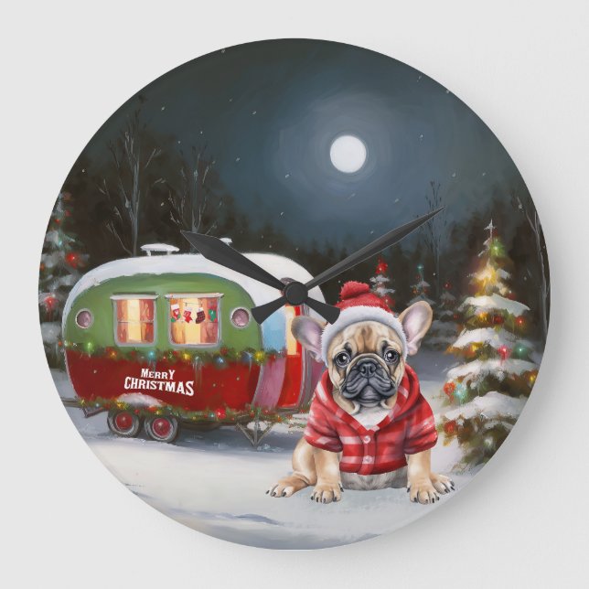 Winter French Bulldog Caravan Christmas Adventure  Large Clock (Front)