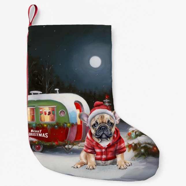 Winter French Bulldog Caravan Christmas Adventure  Small Christmas Stocking (Front)