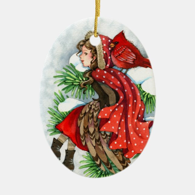 Winter Friends - Cardinal Bird Girl Ornament (Front)