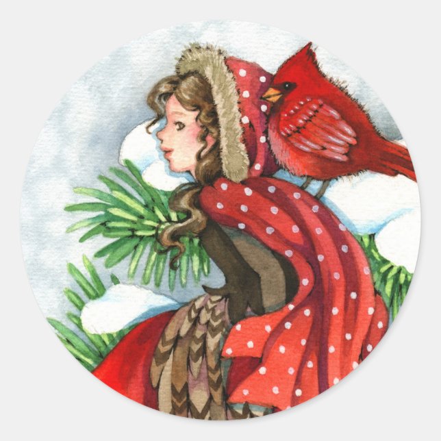 Winter Friends - Cardinal Bird Girl Stickers (Front)