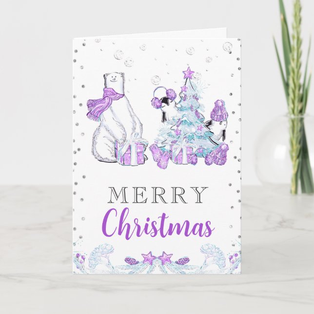 Winter Friends Polar Bear and Penguins Christmas Holiday Card (Front)