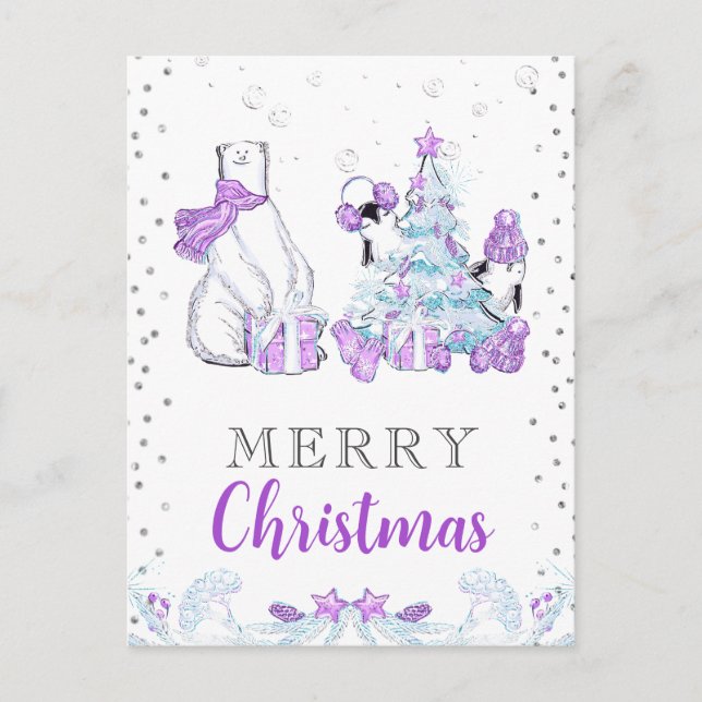 Winter Friends Polar Bear and Penguins Christmas Holiday Postcard (Front)