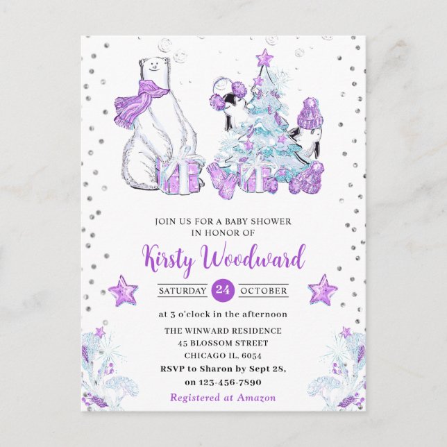 Winter Friends Polar Bear & Penguins Baby Shower Postcard (Front)