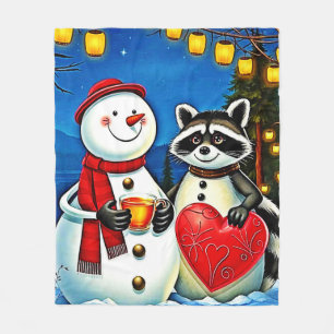 Winter Friends: Snowman & Raccoon Joy Design Fleece Blanket
