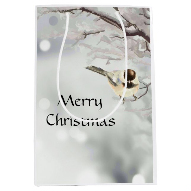 Winter Frosty Tree Chickadee Bird Christmas  Medium Gift Bag (Front)