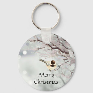 Winter Frosty Tree Chickadee Bird Keychain