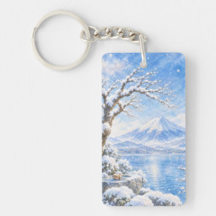 Winter Fuji and Snow Rabbit Watercolor-style Acryl Keychain