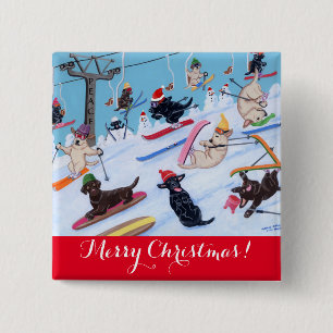 Winter Fun Christmas Skiing Labradors Painting 2 Inch Square Button