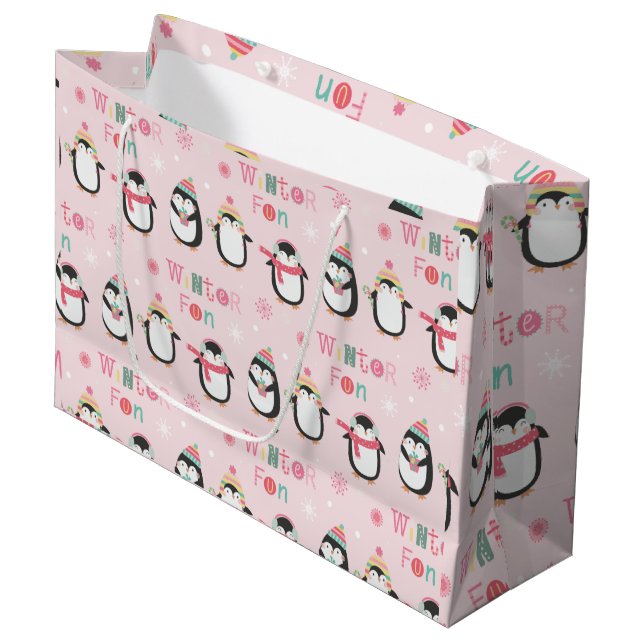 Winter Fun | Cute Pink Penguins Christmas Large Gift Bag (Front Angled)