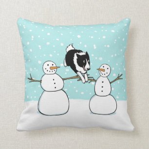 Winter Fun Holiday Border Collie Dog with Snowmen Throw Pillow