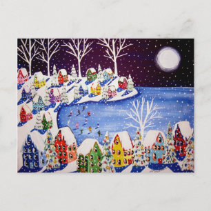 Winter Fun Ice Skaters Houses Post Card