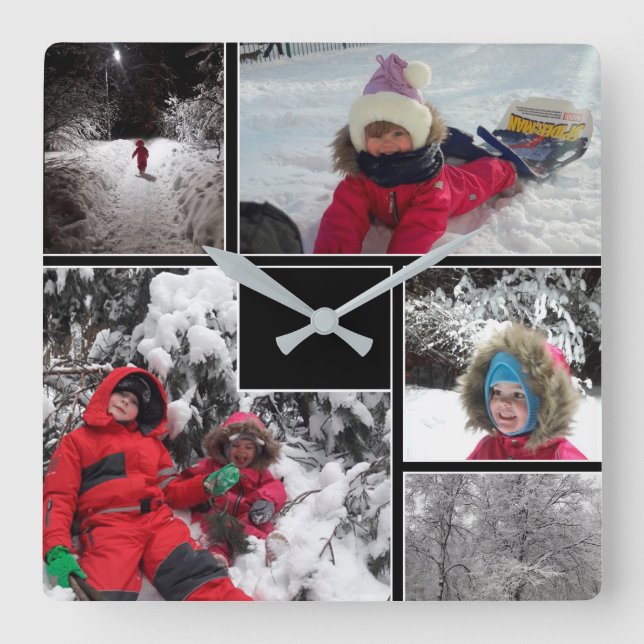 Winter fun kids games snow customizable text perso square wall clock (Front)