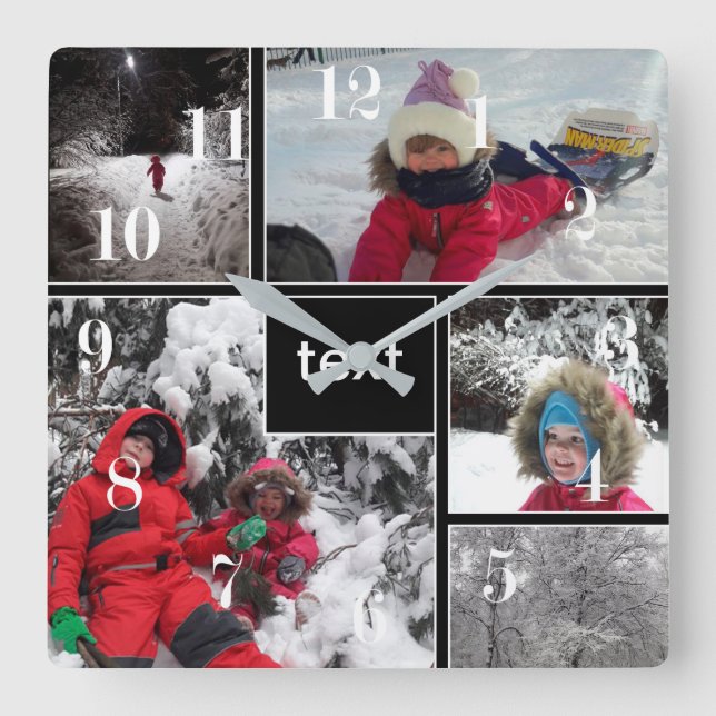 Winter fun kids games snow customizable text perso square wall clock (Front)