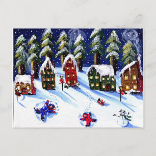 Winter Fun Making Snow Angels Folk Art Postcard