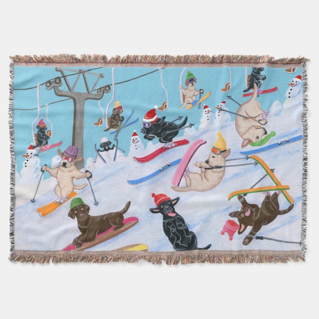 Winter Fun Skiing Christmas Labradors Throw Blanket (Front)