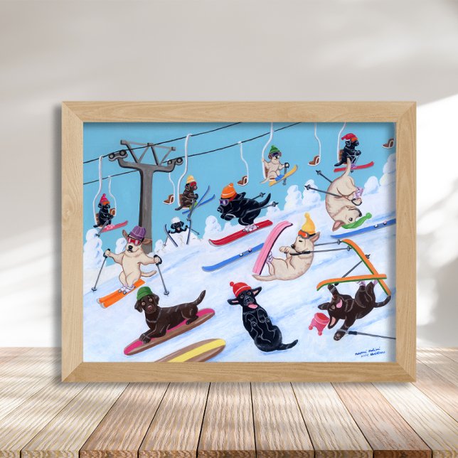 Winter Fun Skiing Labradors Artwork Poster (Winter Fun Skiing Labradors Poster for Labrador Owners.  Delightful and whimsical Labrador Artwork.)