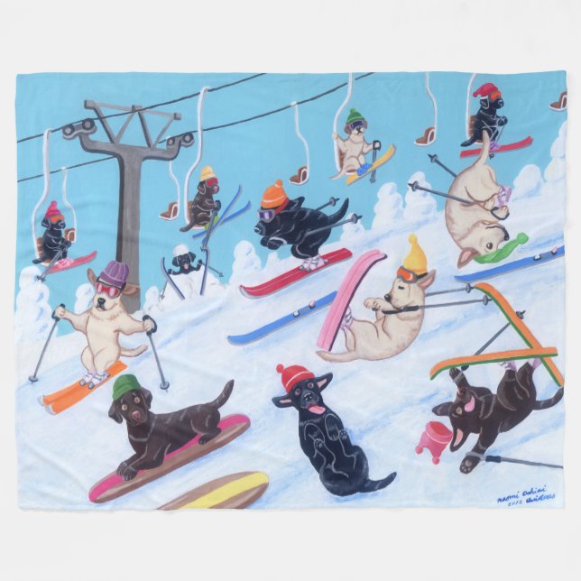 Winter Fun Skiing Labradors Fleece Blanket (Front (Horizontal))