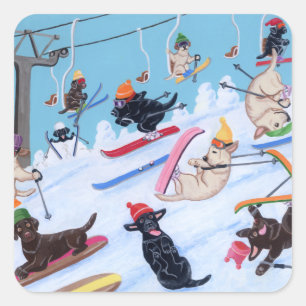 Winter Fun Skiing Labradors Painting Square Sticker
