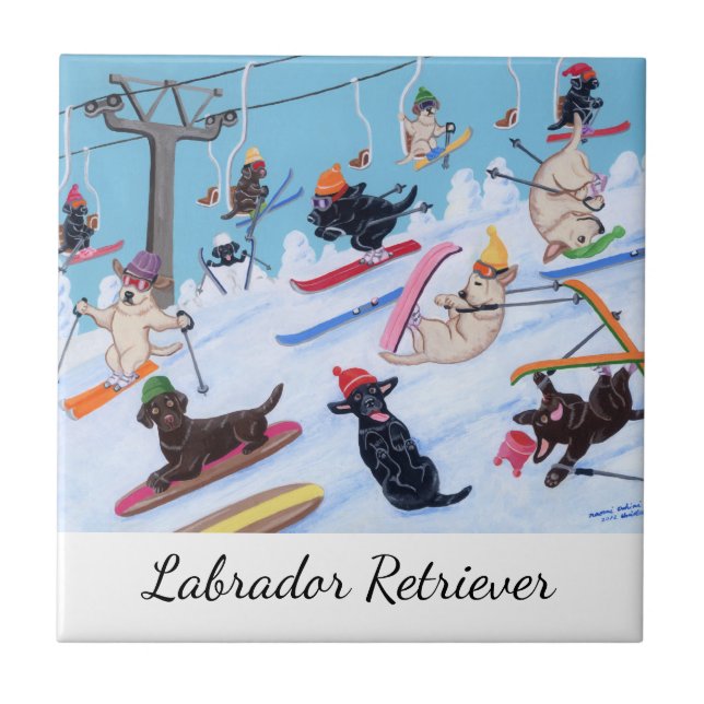 Winter Fun Skiing Labradors Tile (Front)