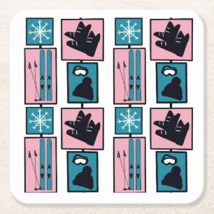 Winter fun. Skis and accessories on a snowy day. Square Paper Coaster