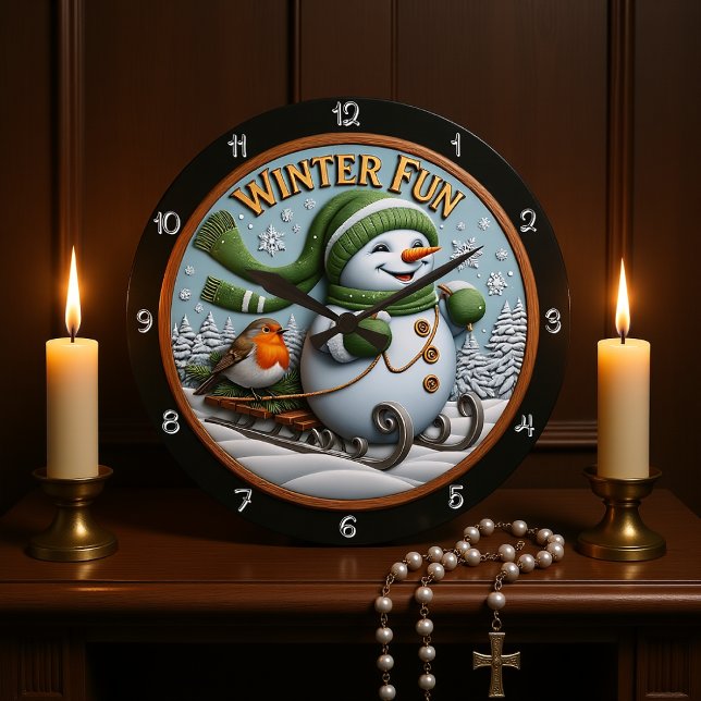 Winter Fun Snowman Sledding Robin  Large Clock (Creator Uploaded)