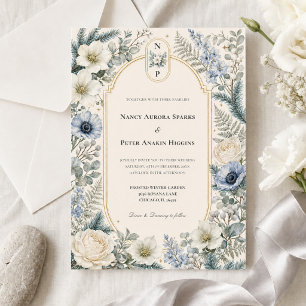 Winter Garden Wedding   Blue Ivory Floral Monogram Invitation