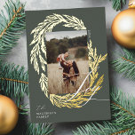 Winter Garland Wreath Joy Script Photo & Monogram Foil Holiday Card<br><div class="desc">Embrace the joy of the holiday season with our winter garland Christmas foil holiday card. Our personalized cards feature our hand-drawn winter garland wreath design with your photo, family signature, and monogram in a festive and elegant crest on the back of the card. Spread the love and cheer this winter...</div>