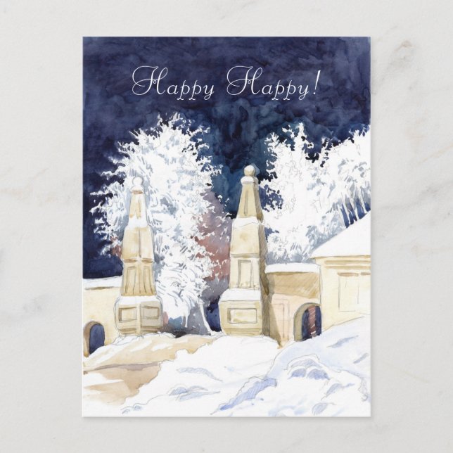 Winter gate at night watercolor postcard (Front)