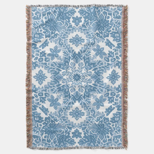 Winter Geometric Icy Blue Snowflake Pattern Throw Blanket (Front Vertical)