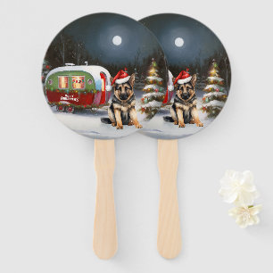 Winter German Shepherd Caravan Christmas Adventure Hand Fan