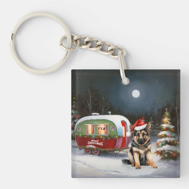 Winter German Shepherd Caravan Christmas Adventure Keychain (Front)