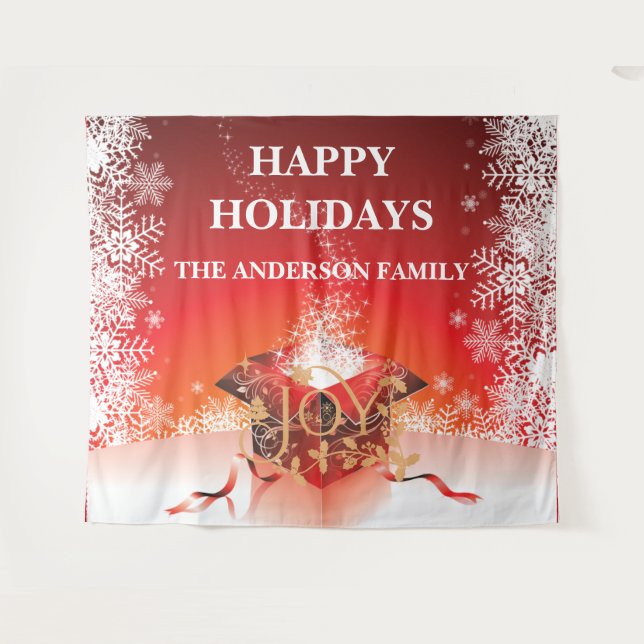 Winter gift box surprise snowflakes red white gold tapestry (Front (Horizontal))