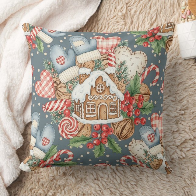 Winter Gingerbread Cottage - Mittens Throw Pillow (Blanket)