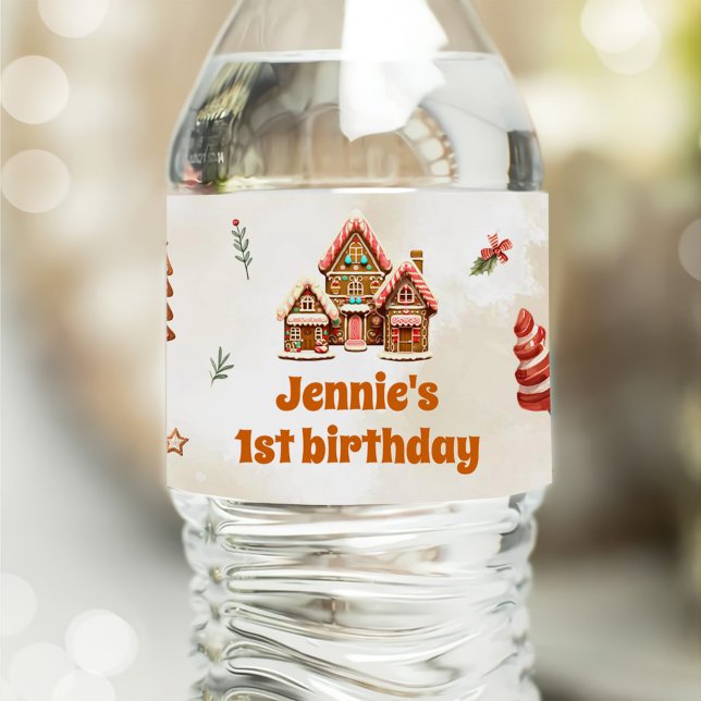 Winter Gingerbread House Christmas 1st Birthday Water Bottle Label (Creator Uploaded)