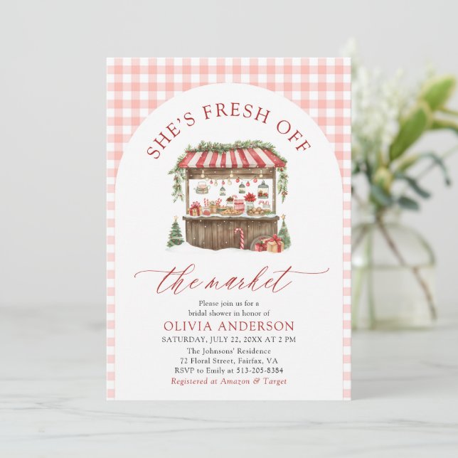 Winter Gingham Fresh Off The Market Bridal Shower Invitation (Standing Front)