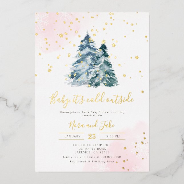 Winter Girl Pink Gold Snowflakes Baby Shower (Front)