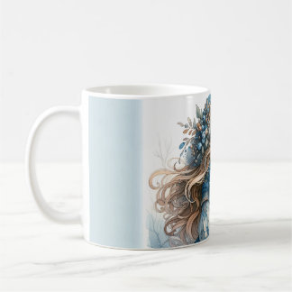 Winter Girl with Bird in Blue Floral Coat Coffee Mug