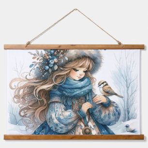 Winter Girl with Bird in Blue Floral Coat Hanging Tapestry
