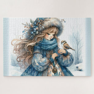 Winter Girl with Bird in Blue Floral Coat Jigsaw Puzzle