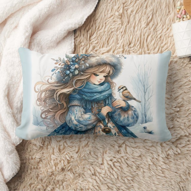 Winter Girl with Bird in Blue Floral Coat Lumbar Pillow (Blanket)
