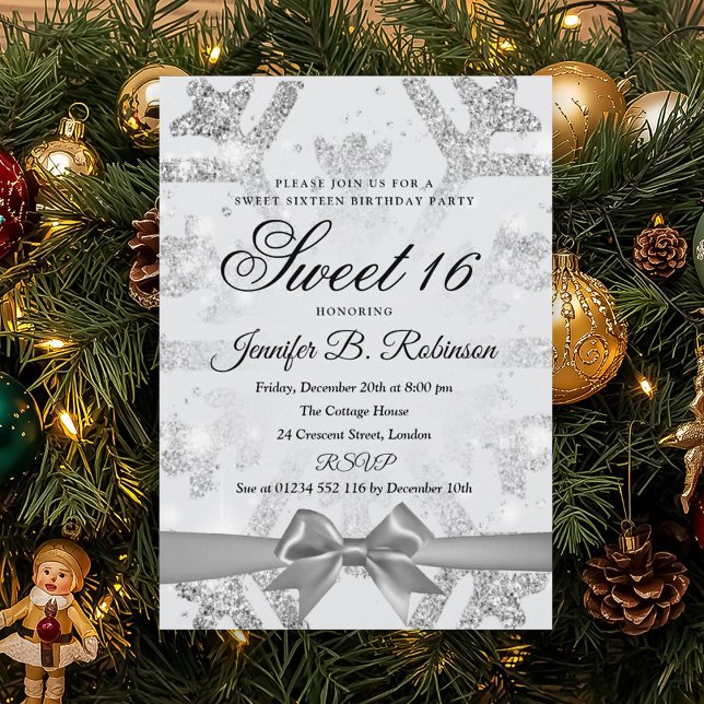 Winter Glitter & Ribbon Sweet 16 Birthday Party Invitation (Winter Glitter & Ribbon Sweet 16 Birthday Party Invitation)