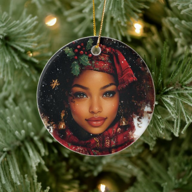 Winter Glow Afrocentric Queen – Holiday Art Ceramic Ornament (Tree)