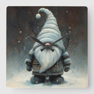 Winter Gnome in a Snowy Forest Square Wall Clock